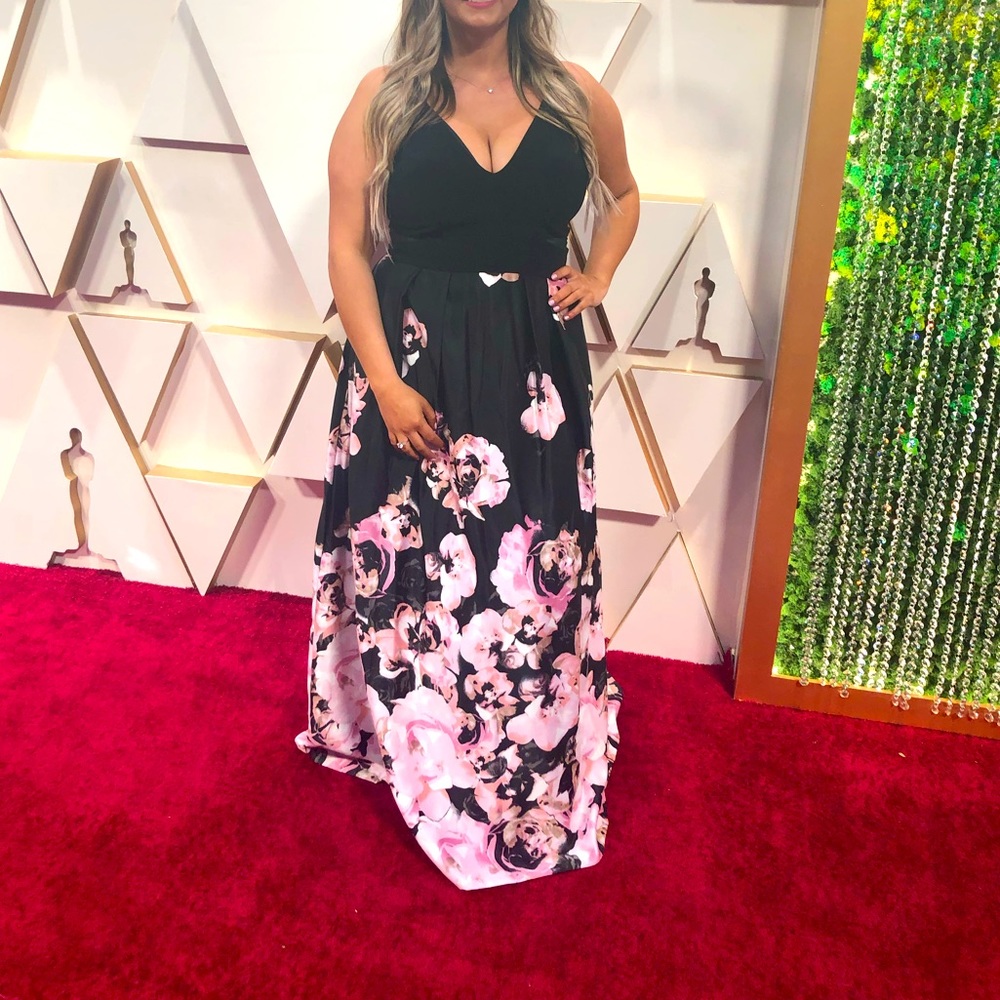 Xscape black and pink floral formal gown